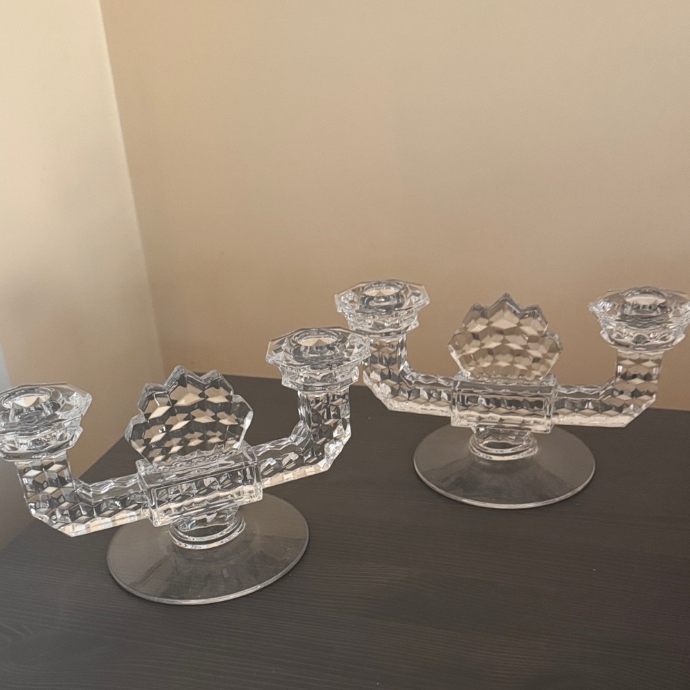 FOSTORIA AMERICAN‎ ELEGANT GLASS DOUBLE CANDLE HOLDERS EUC